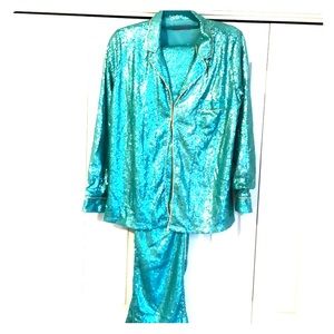 Aqua Sequin Pajama Style Pant Set